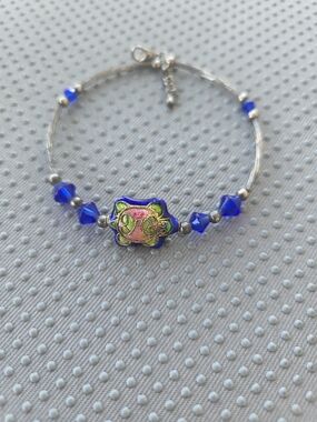 Cloisonne Turtle Silver-Tone Bracelet with Bright Blue Beads Accent